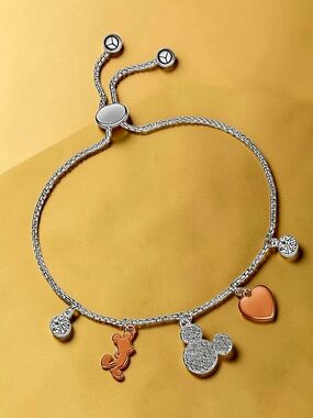 NEW Disney Classics Charm Womens Crystal Heart Mickey Mouse Bolo Bracelet NWT